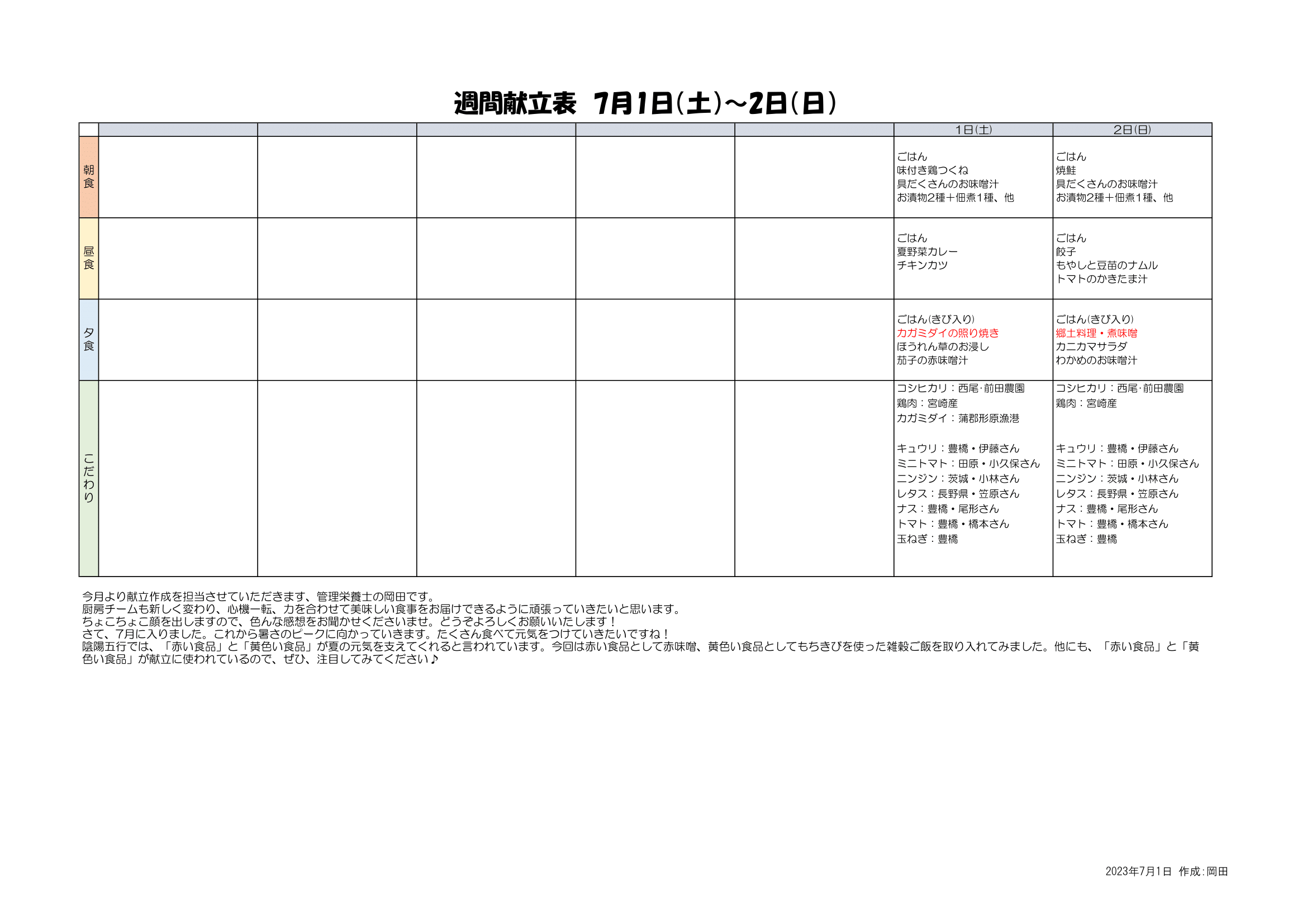 7/1~7/2献立表