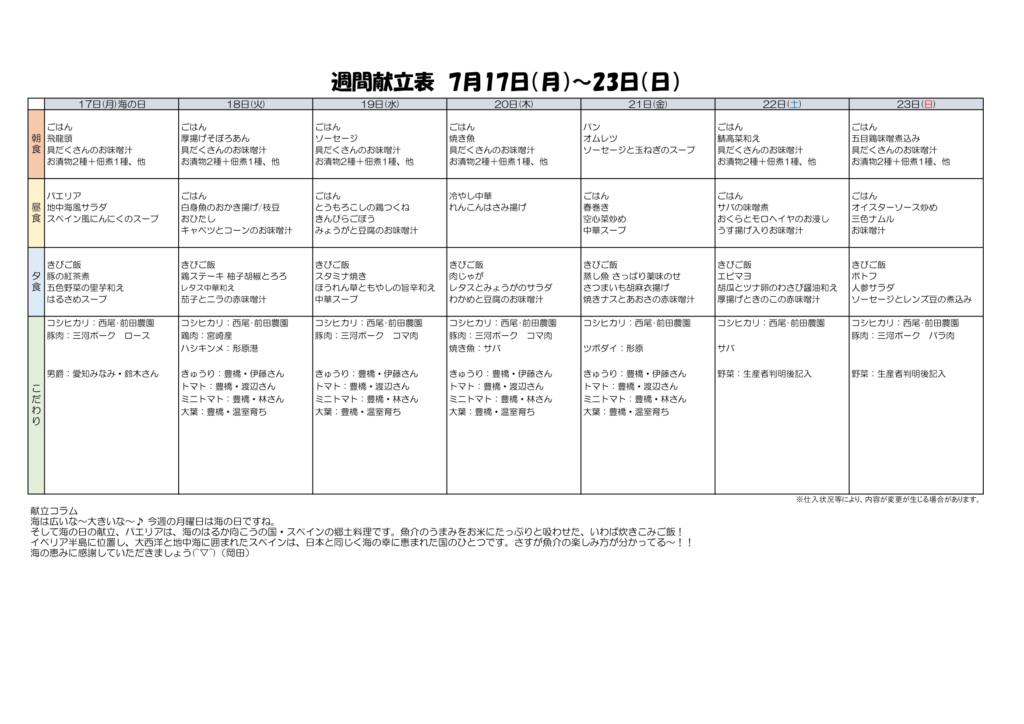 献立表