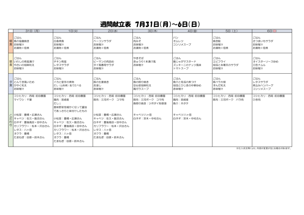 7/31~8/6献立表
